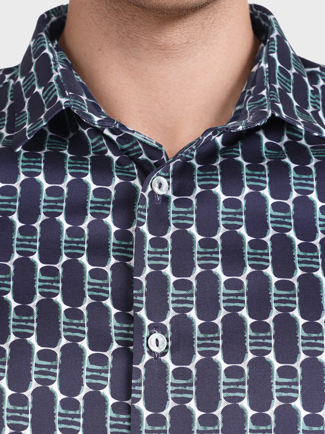Men's Navy Blue Slim Fit Printed Party Wear Shirt - Image 3