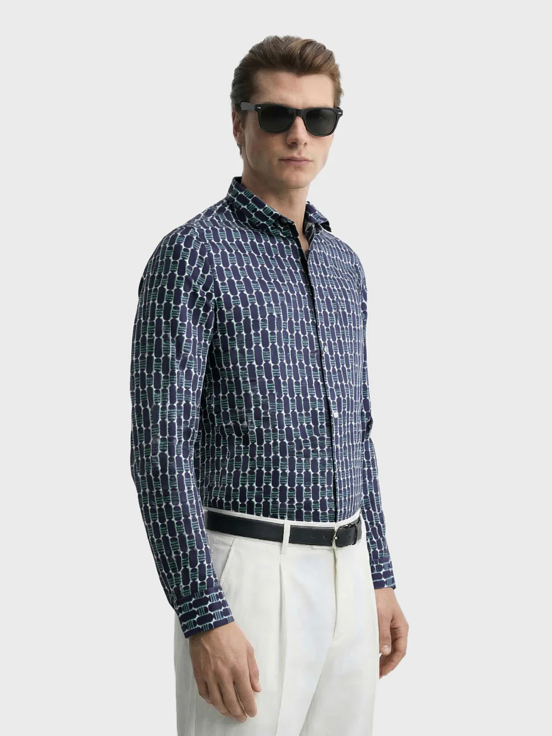 Men's Navy Blue Slim Fit Printed Party Wear Shirt - Image 4