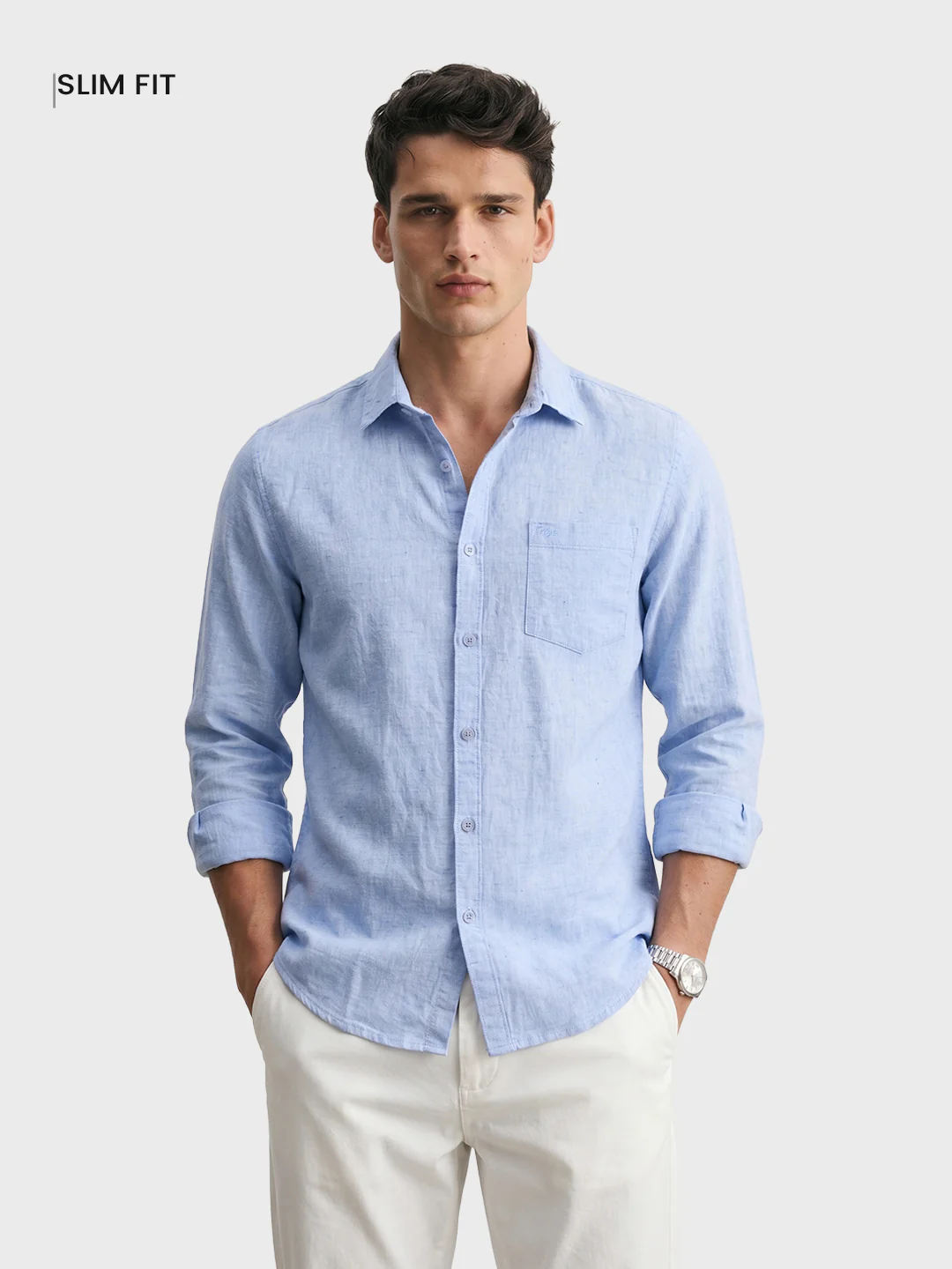 Men's Blue Slim Fit Solid Casual Shirt - Image 2