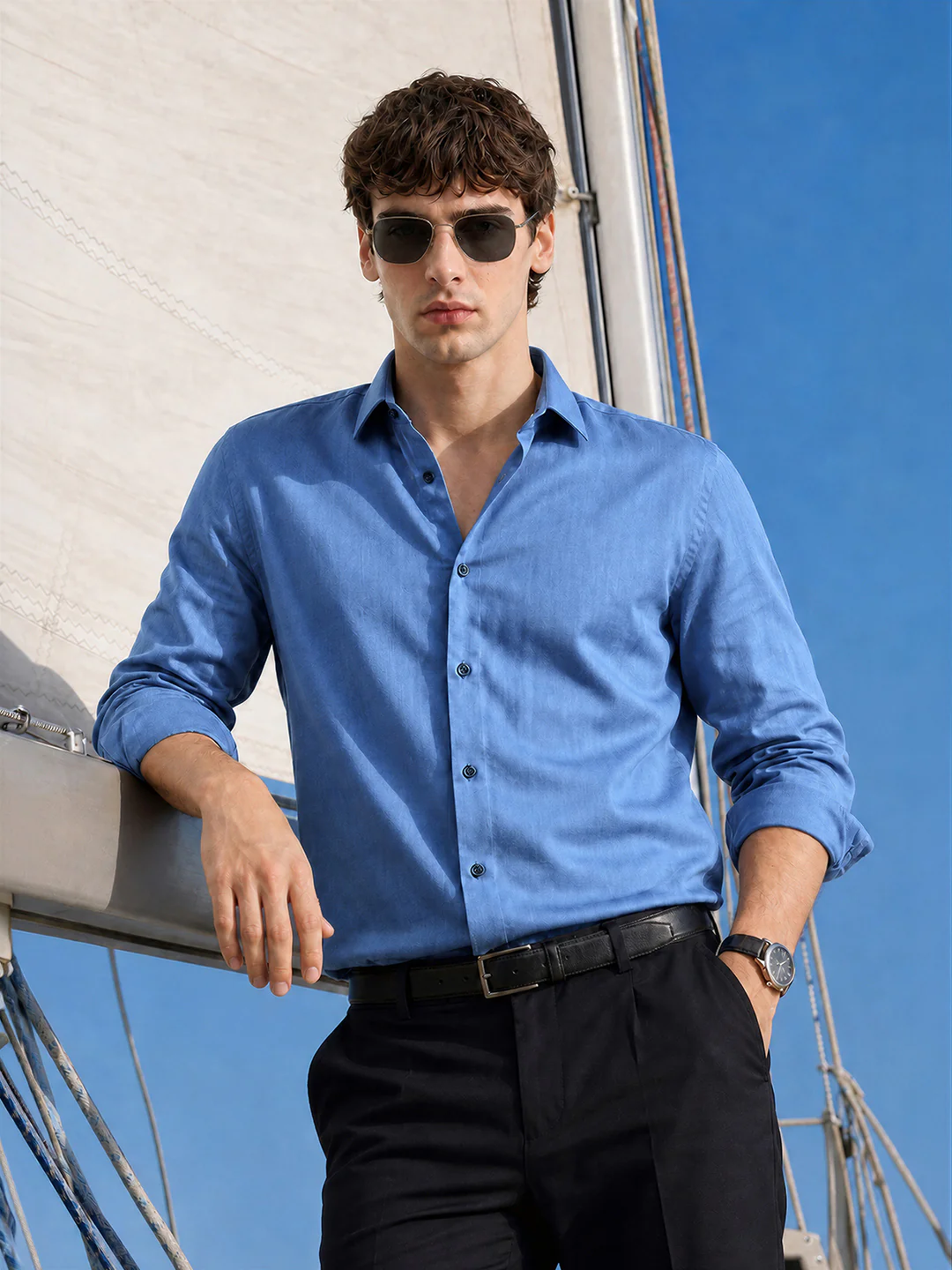 Men's Blue Slim Fit Solid Casual Shirts