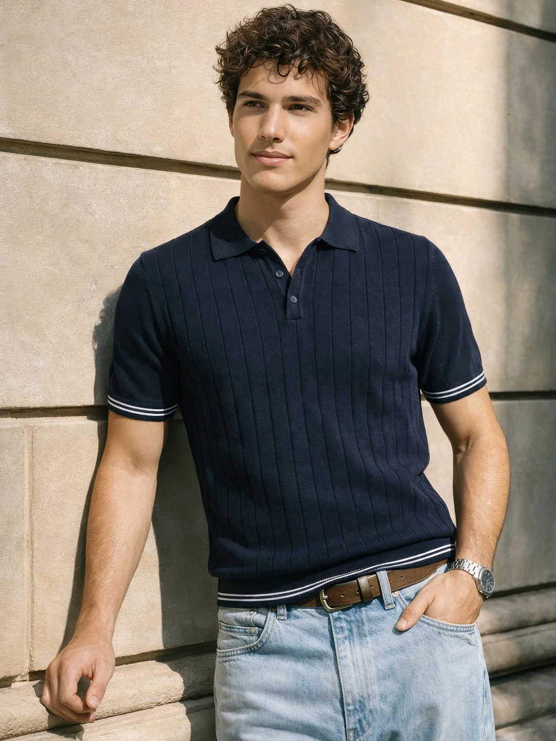 Men's Navy Blue Slim Fit Solid Flat Knit Polo T-Shirt