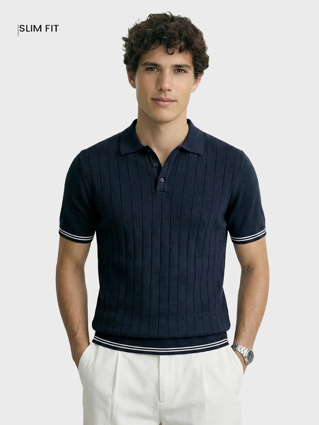 Men's Navy Blue Slim Fit Solid Flat Knit Polo T-Shirt - Image 2