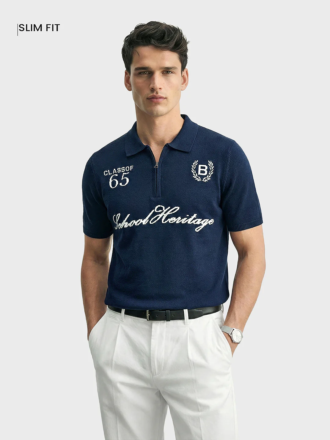 Men's Navy Blue Slim Fit Solid Casual Polo T-Shirt - Image 2