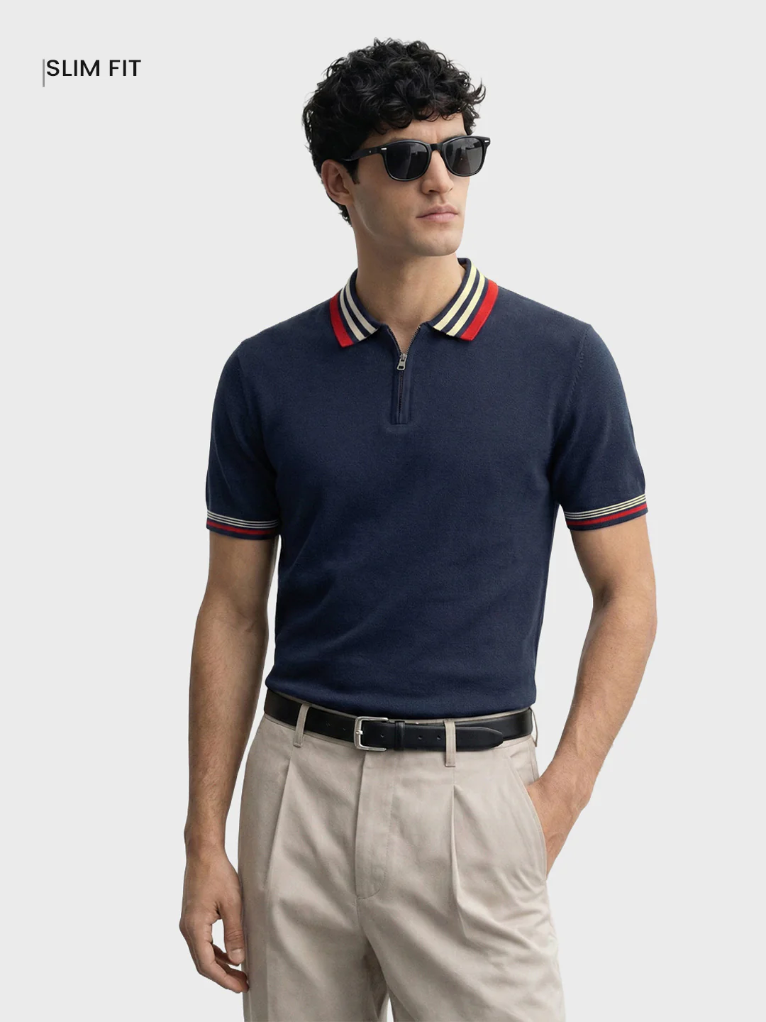 Men's Navy Blue Slim Fit Solid Flat Knit Polo T-Shirt - Image 2