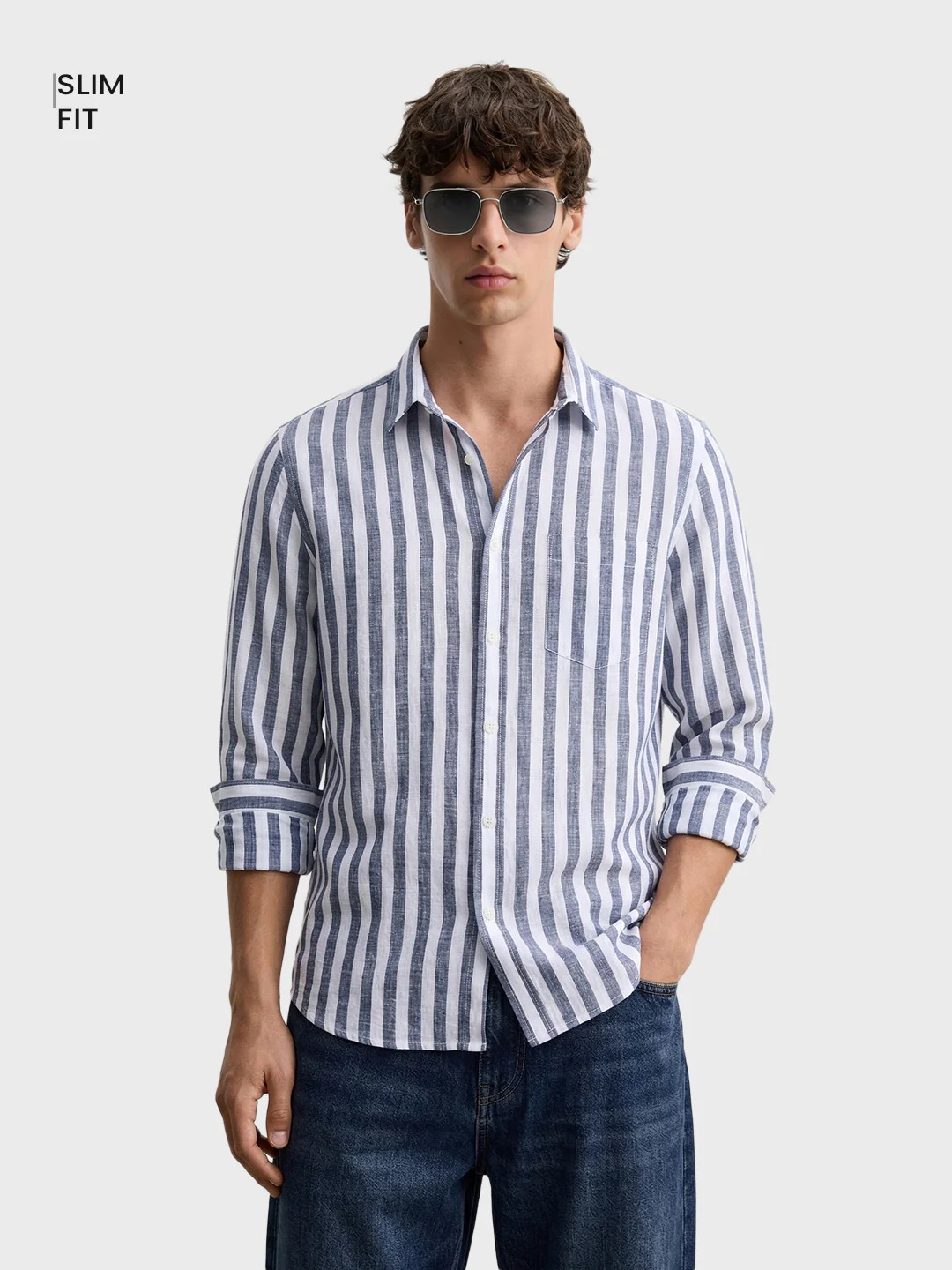 Men's Navy Blue Slim Fit Striped Casual Shirt - Image 2