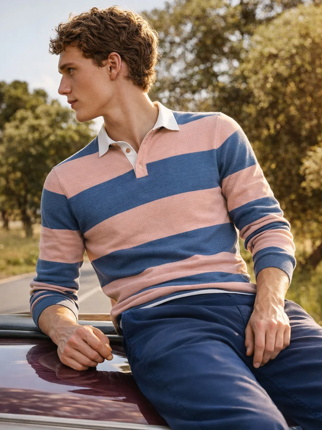 Men's Blue Slim Fit Striped Flat Knit Polo T-Shirt