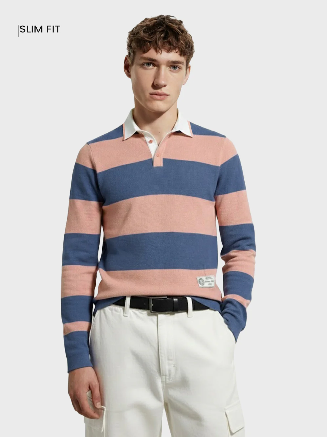 Men's Blue Slim Fit Striped Flat Knit Polo T-Shirt - Image 2