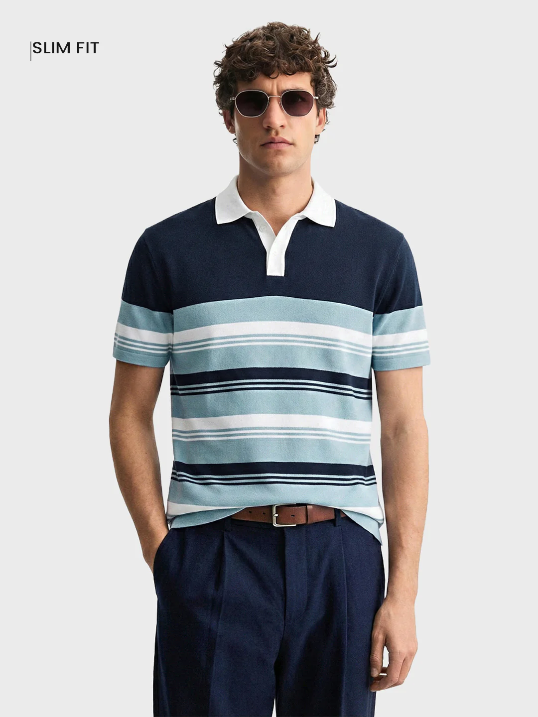 Men's Navy Blue Slim Fit Striped Flat Knit Polo T-Shirt - Image 2