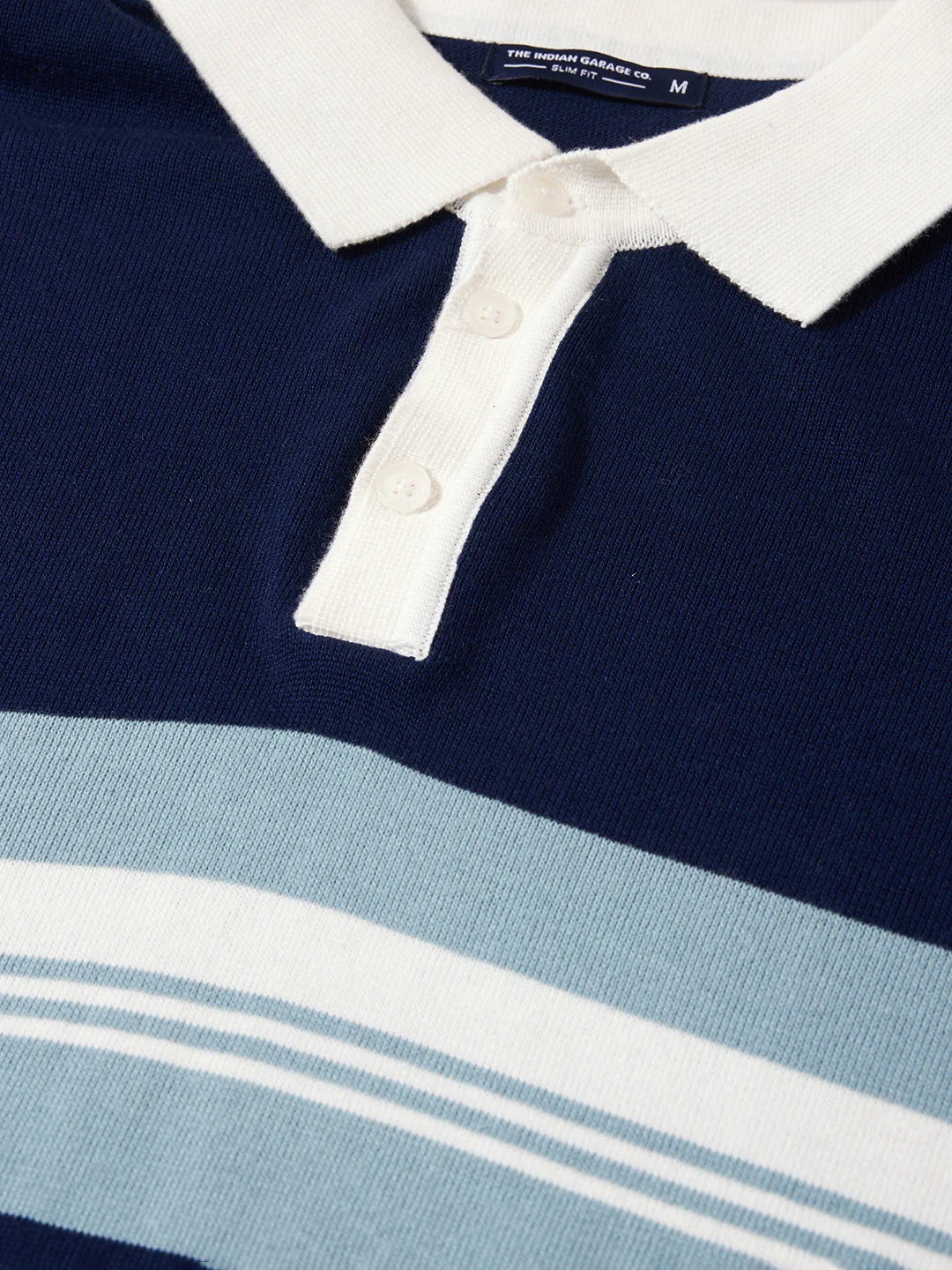 Men's Navy Blue Slim Fit Striped Flat Knit Polo T-Shirt - Image 3