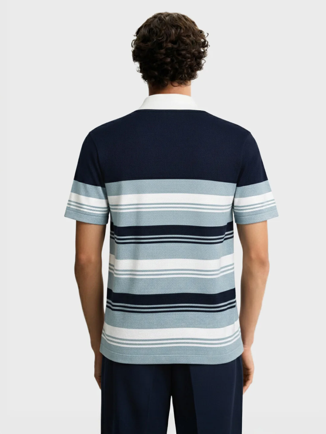 Men's Navy Blue Slim Fit Striped Flat Knit Polo T-Shirt - Image 4