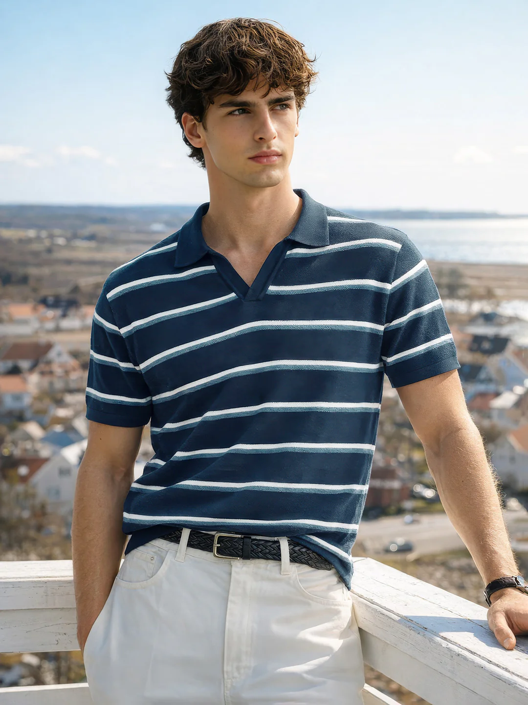 Men's Navy Blue Slim Fit Striped Flat Knit Polo T-Shirt