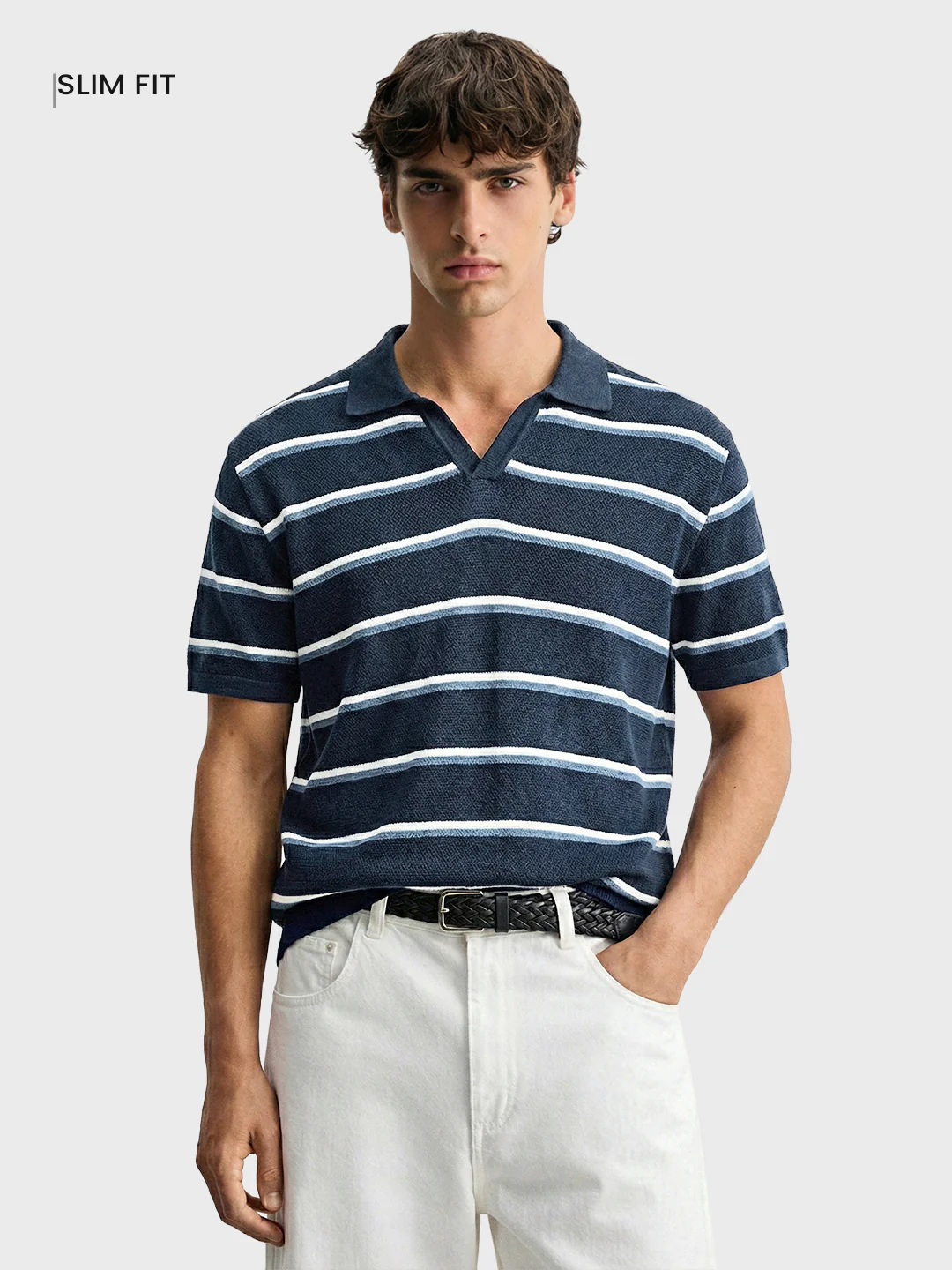 Men's Navy Blue Slim Fit Striped Flat Knit Polo T-Shirt - Image 2