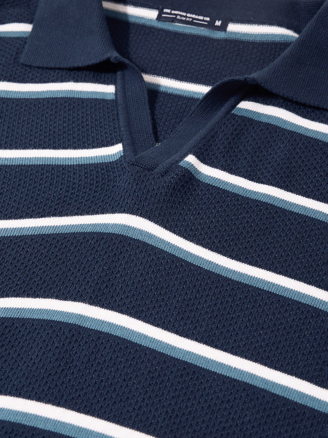 Men's Navy Blue Slim Fit Striped Flat Knit Polo T-Shirt - Image 3