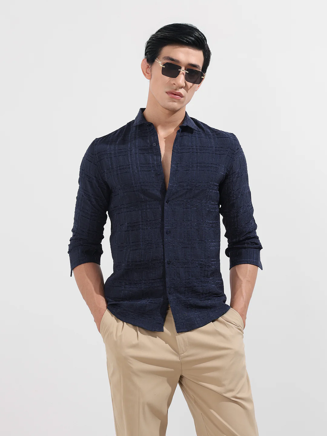 Men's Navy Blue Slim Fit Textured Party Wear Shirt