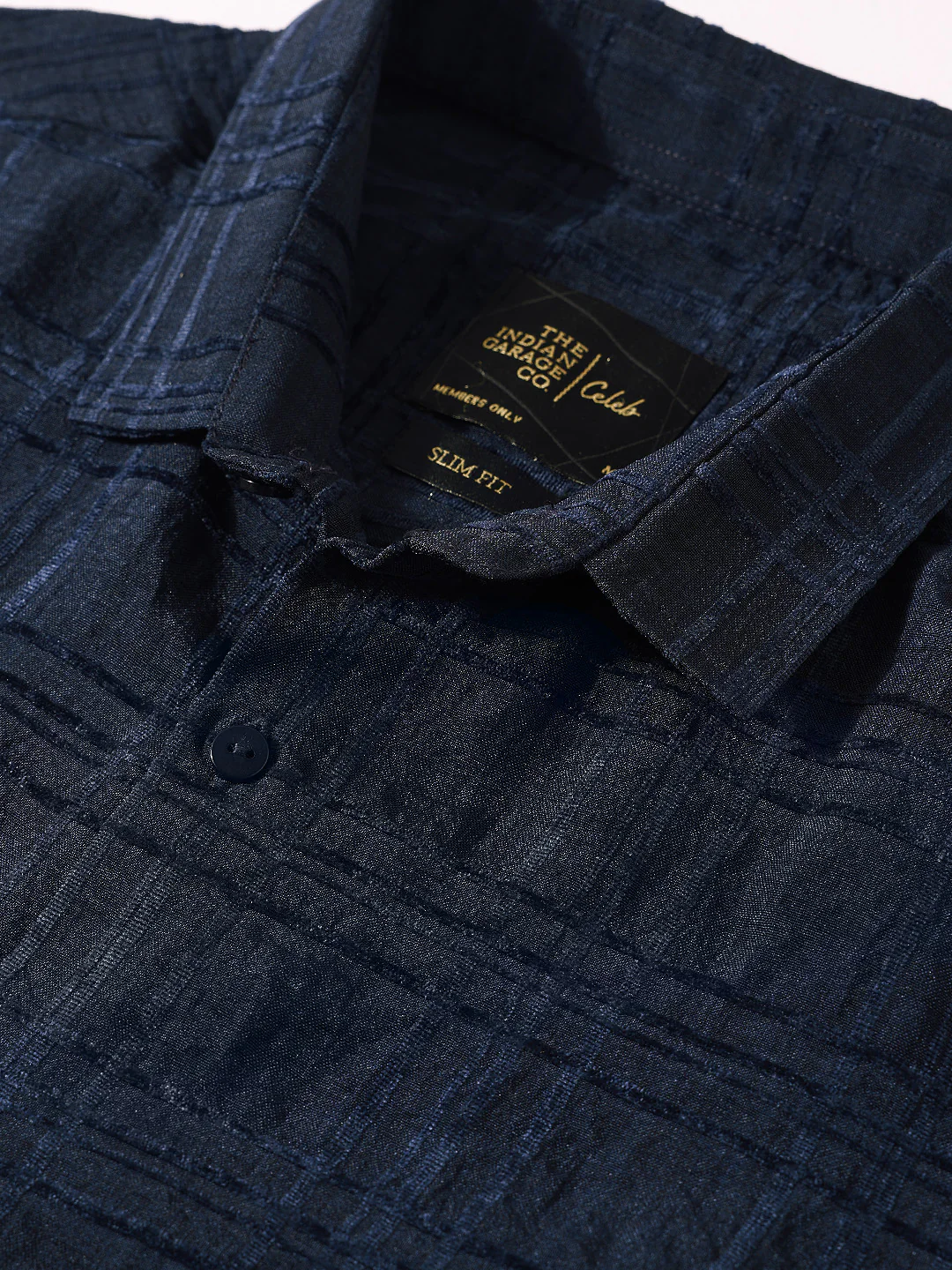 Men's Navy Blue Slim Fit Textured Party Wear Shirt - Image 3