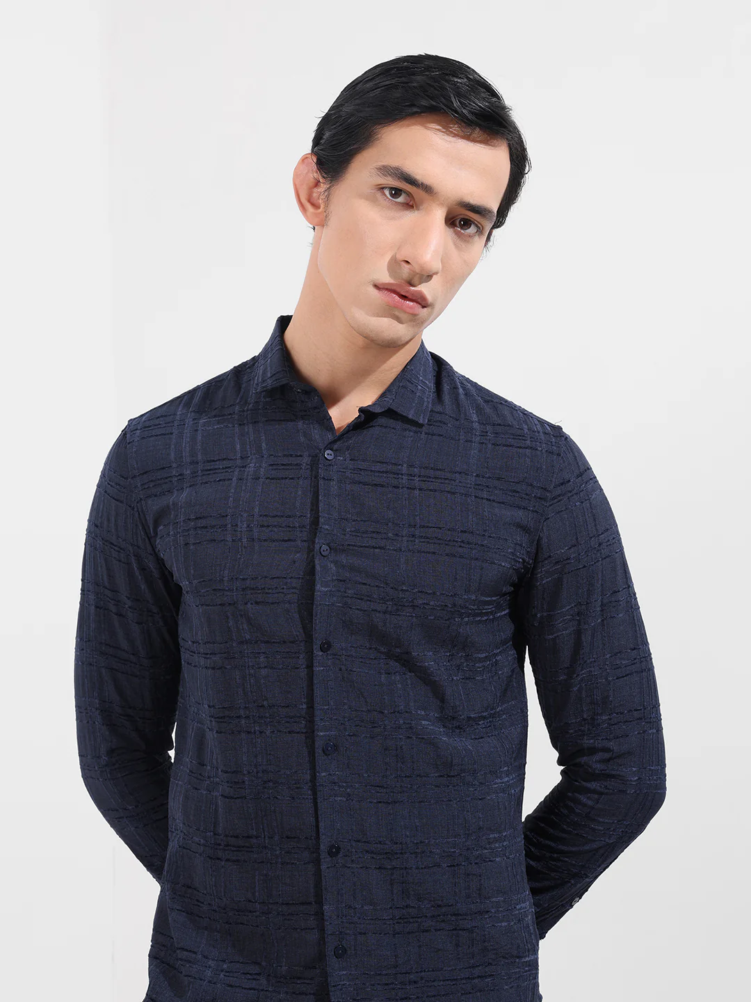 Men's Navy Blue Slim Fit Textured Party Wear Shirt - Image 5