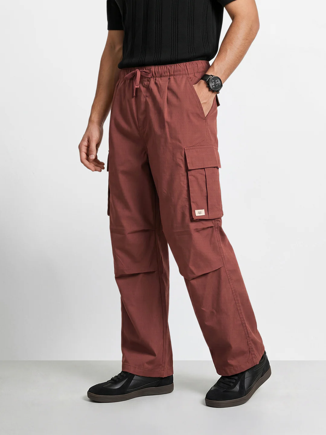 Men's Brown Baggy Fit Solid Utility Joggers - Image 4