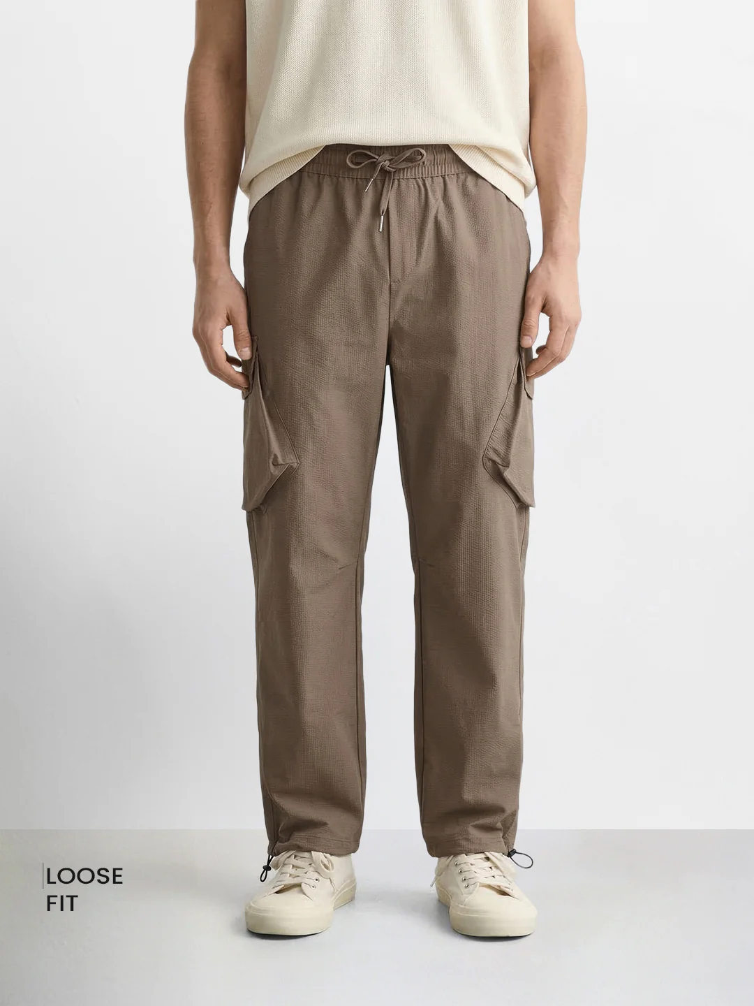 Men's Brown Loose Fit Solid Utility Cargo