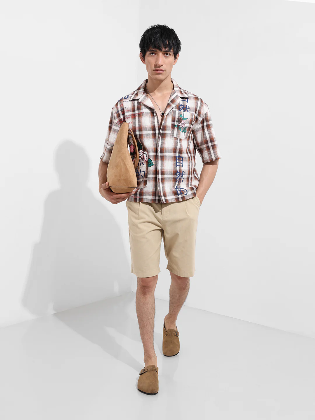 Men's Brown Oversized Fit Resort Wear Checked Shirt - Image 4