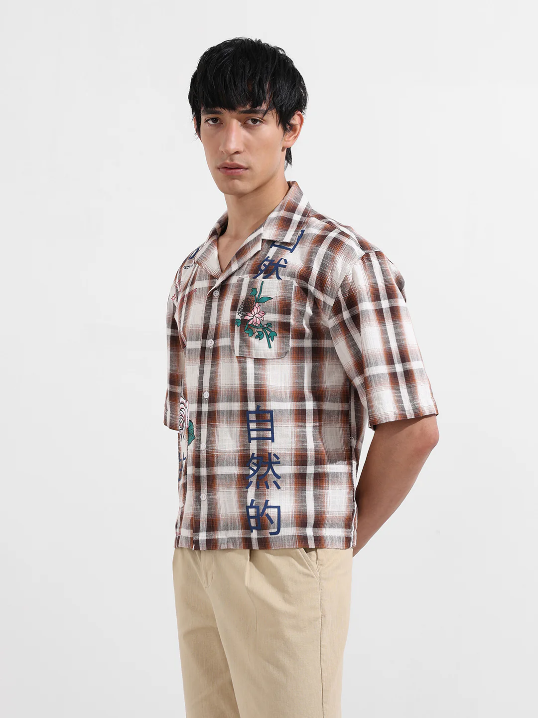 Men's Brown Oversized Fit Resort Wear Checked Shirt - Image 5