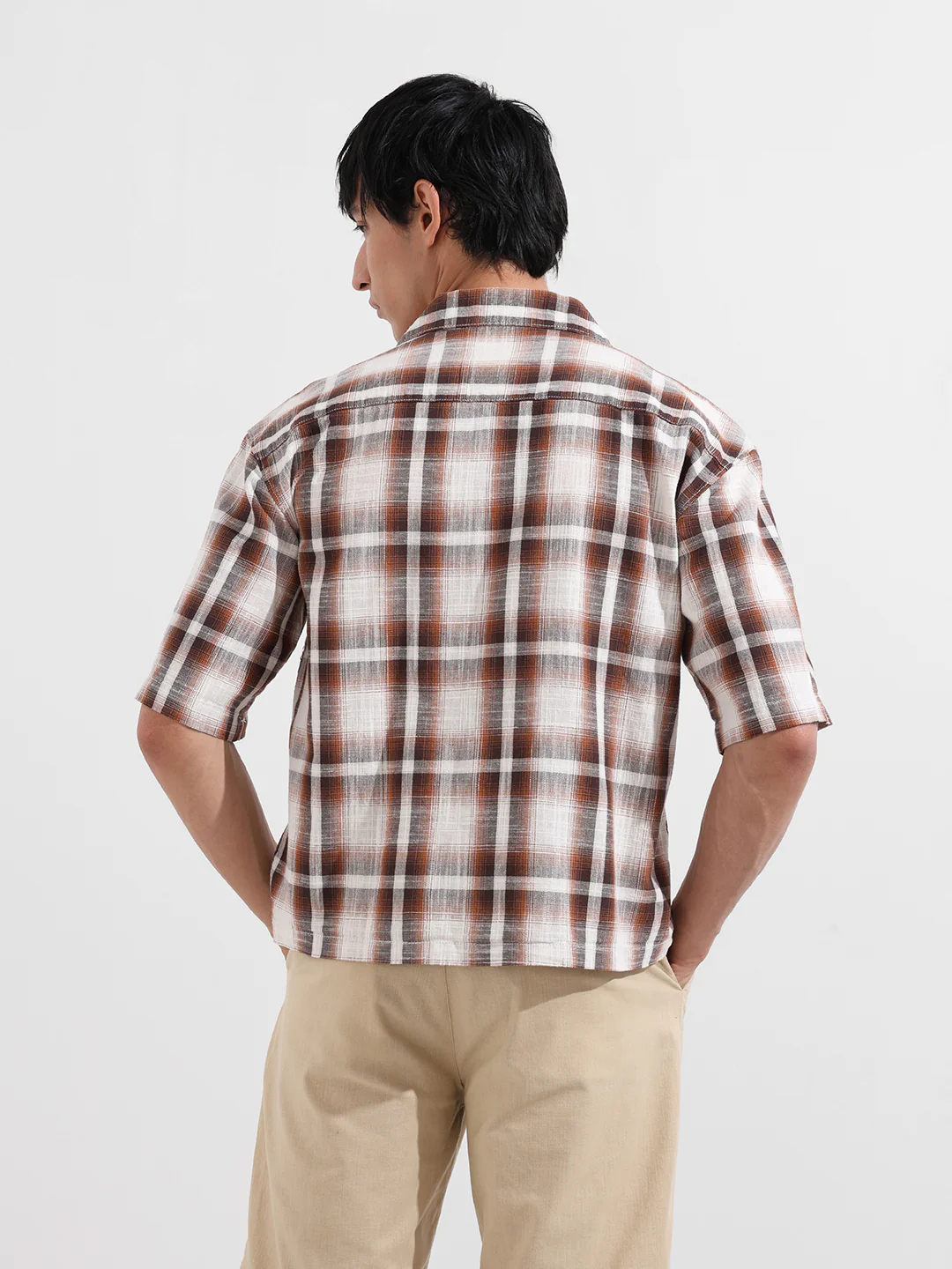 Men's Brown Oversized Fit Resort Wear Checked Shirt - Image 7