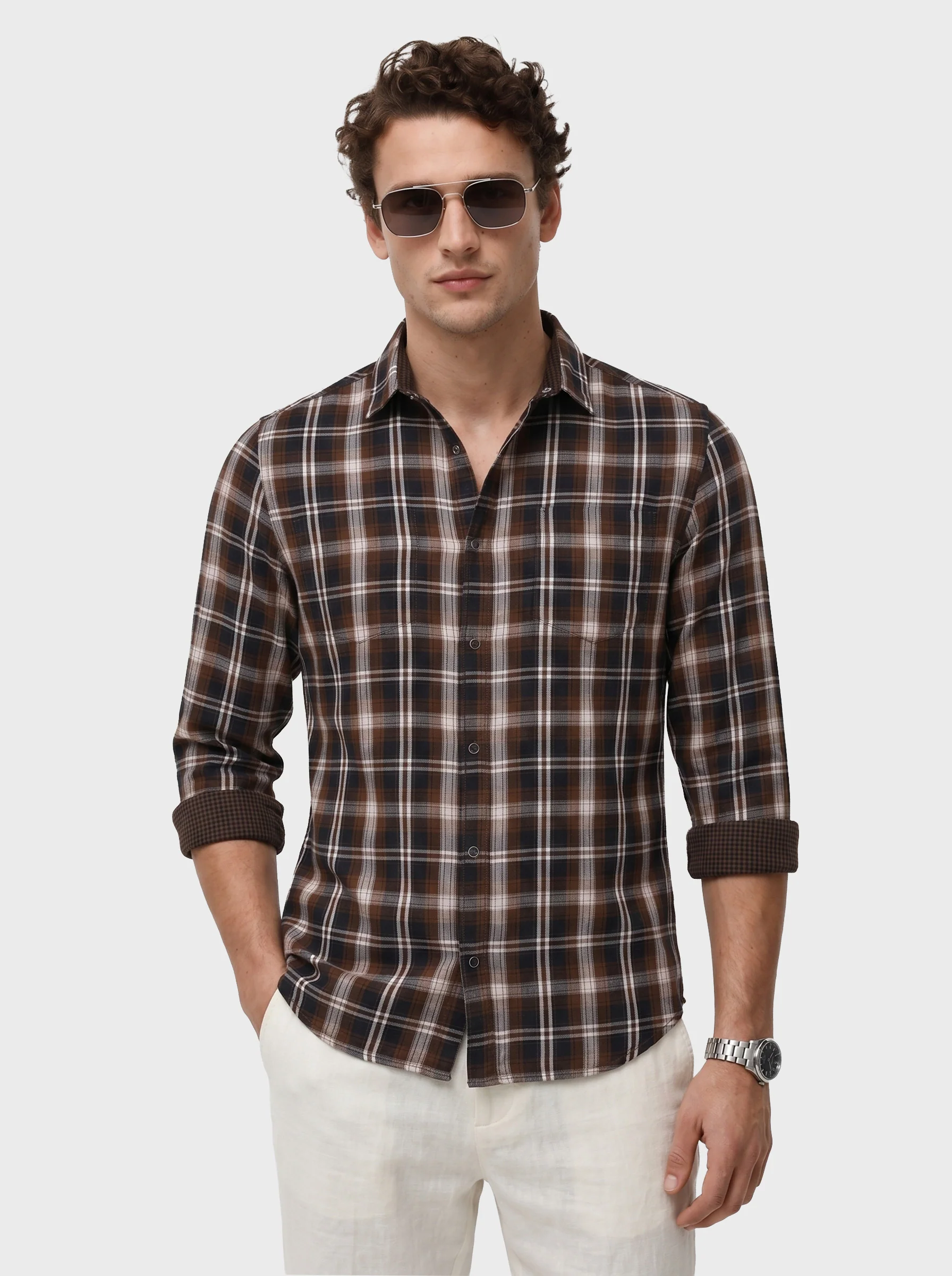 Men's Brown Regular Fit Checkered Casual Shirts - Image 2