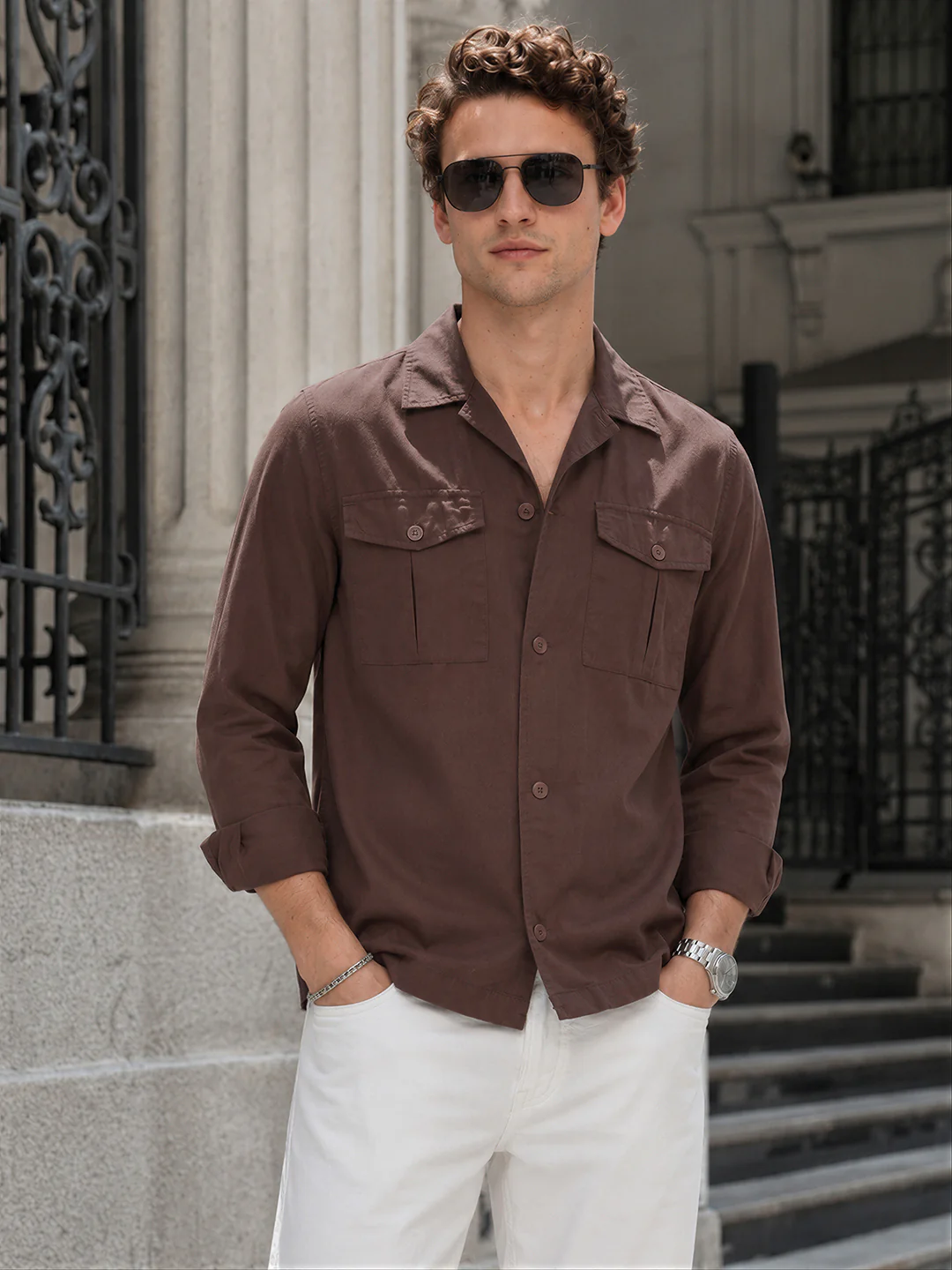 Men's Brown Regular Fit Embroidered Casual Shirts