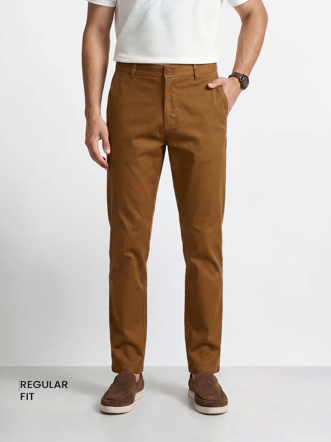 Men's Brown Regular Fit Solid Casual Chinos - Image 2
