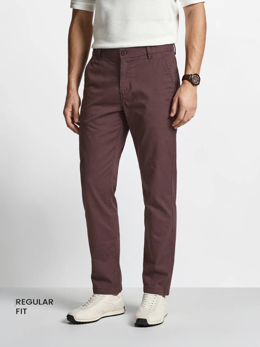 Men's Brown Regular Fit Solid Casual Chinos - Image 2