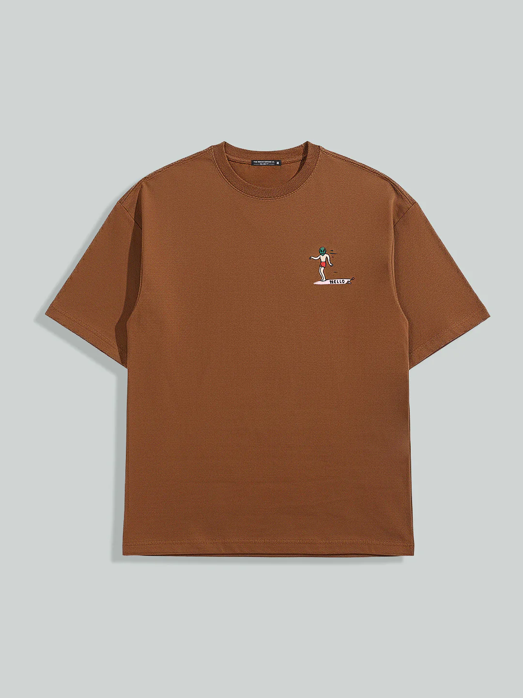 Men's Brown Relaxed Fit Embroided 240 GSM Casual T-Shirt - Image 3