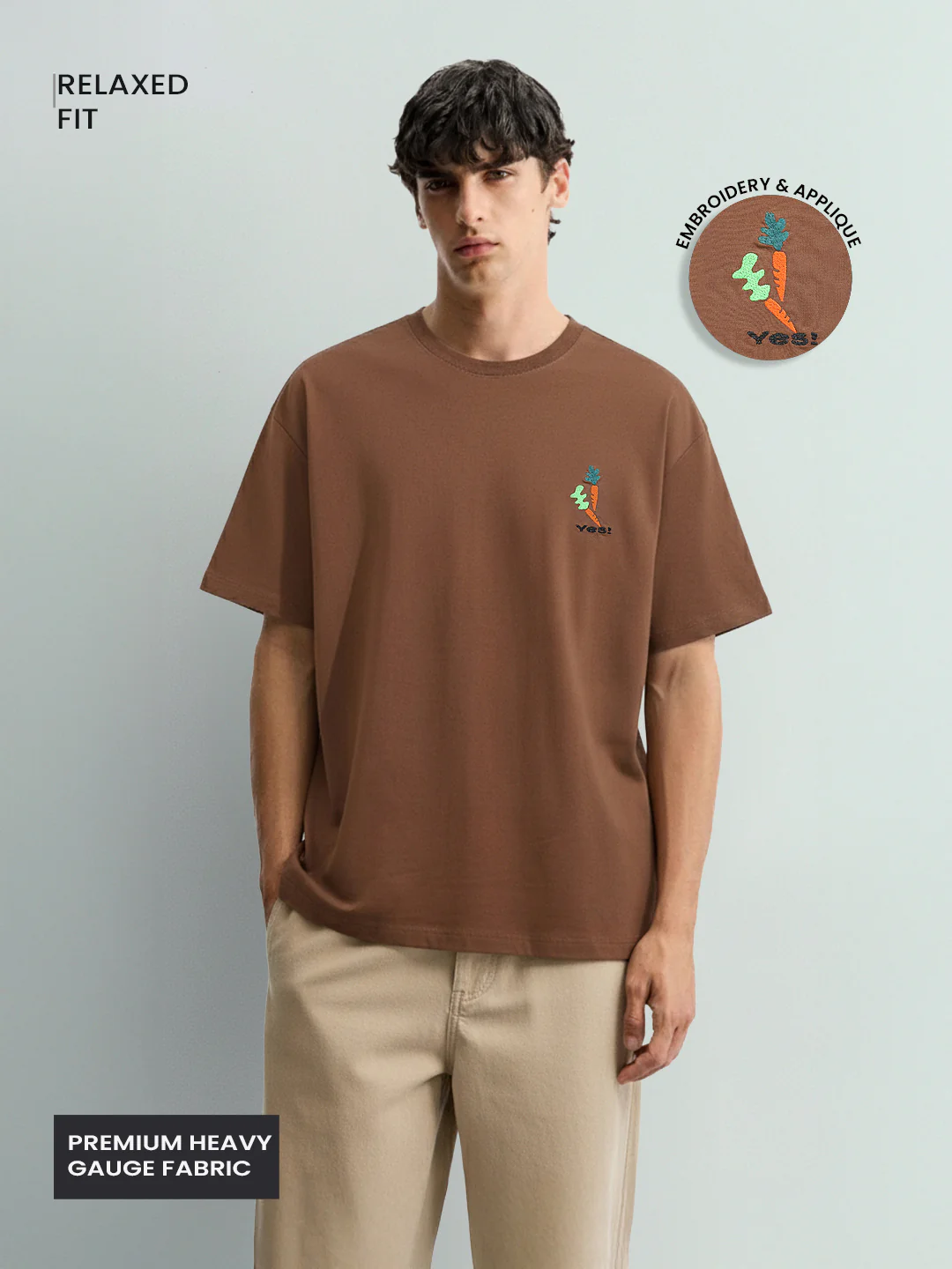 Men's Brown Relaxed Fit Embroided 240 GSM Casual T-Shirt - Image 2