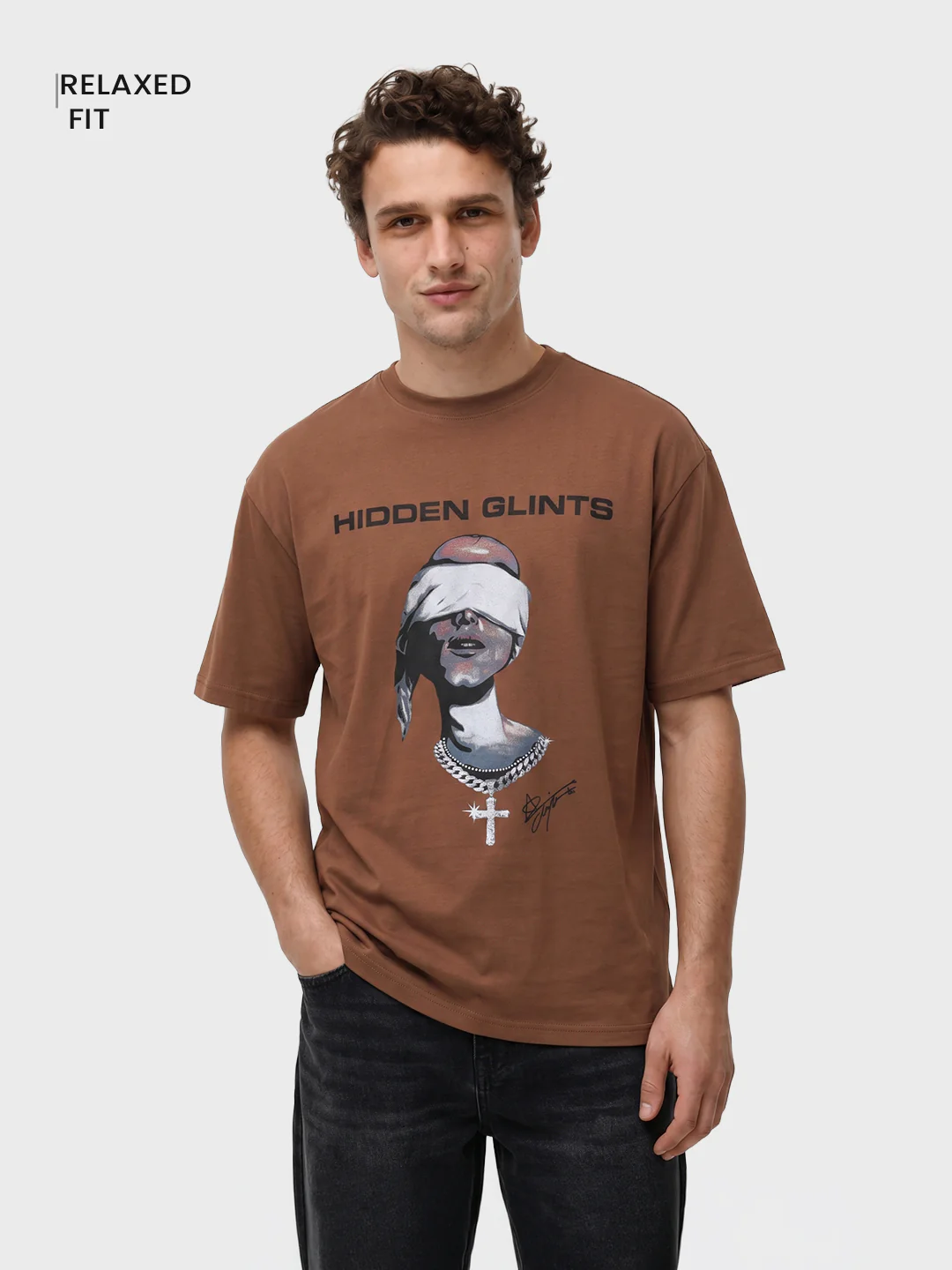 Men's Brown Relaxed Fit Graphic Printed 240 GSM Casual T-Shirt - Image 2