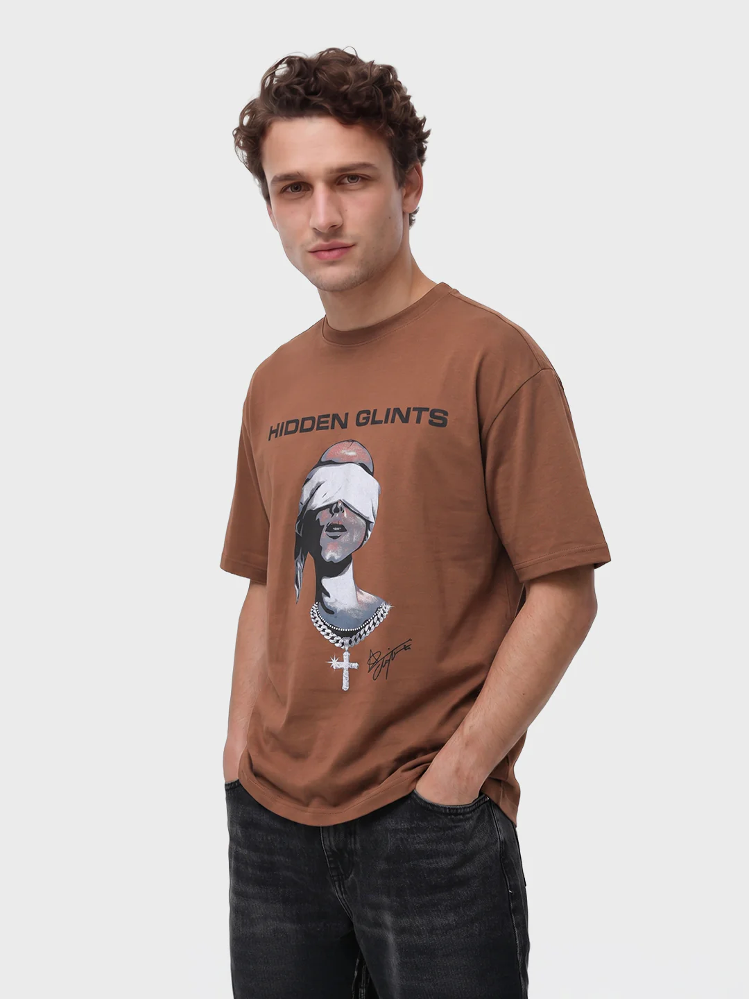 Men's Brown Relaxed Fit Graphic Printed 240 GSM Casual T-Shirt - Image 4