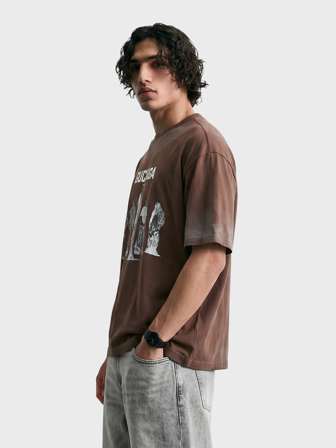 Men's Brown Relaxed Fit Graphic Printed 240 GSM Street Wear T-Shirt - Image 4