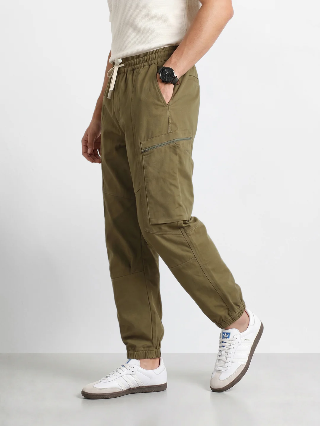 Men's Brown Relaxed Fit Solid Utility Cargo - Image 4