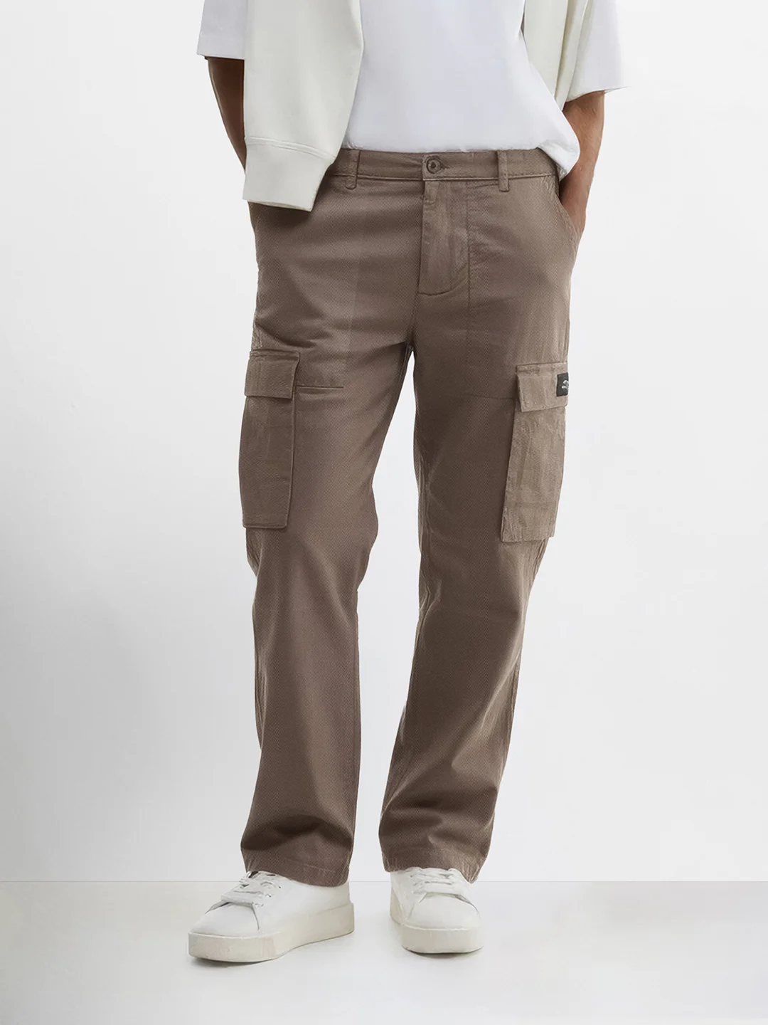 Men's Brown Relaxed Fit Solid Utility Cargo
