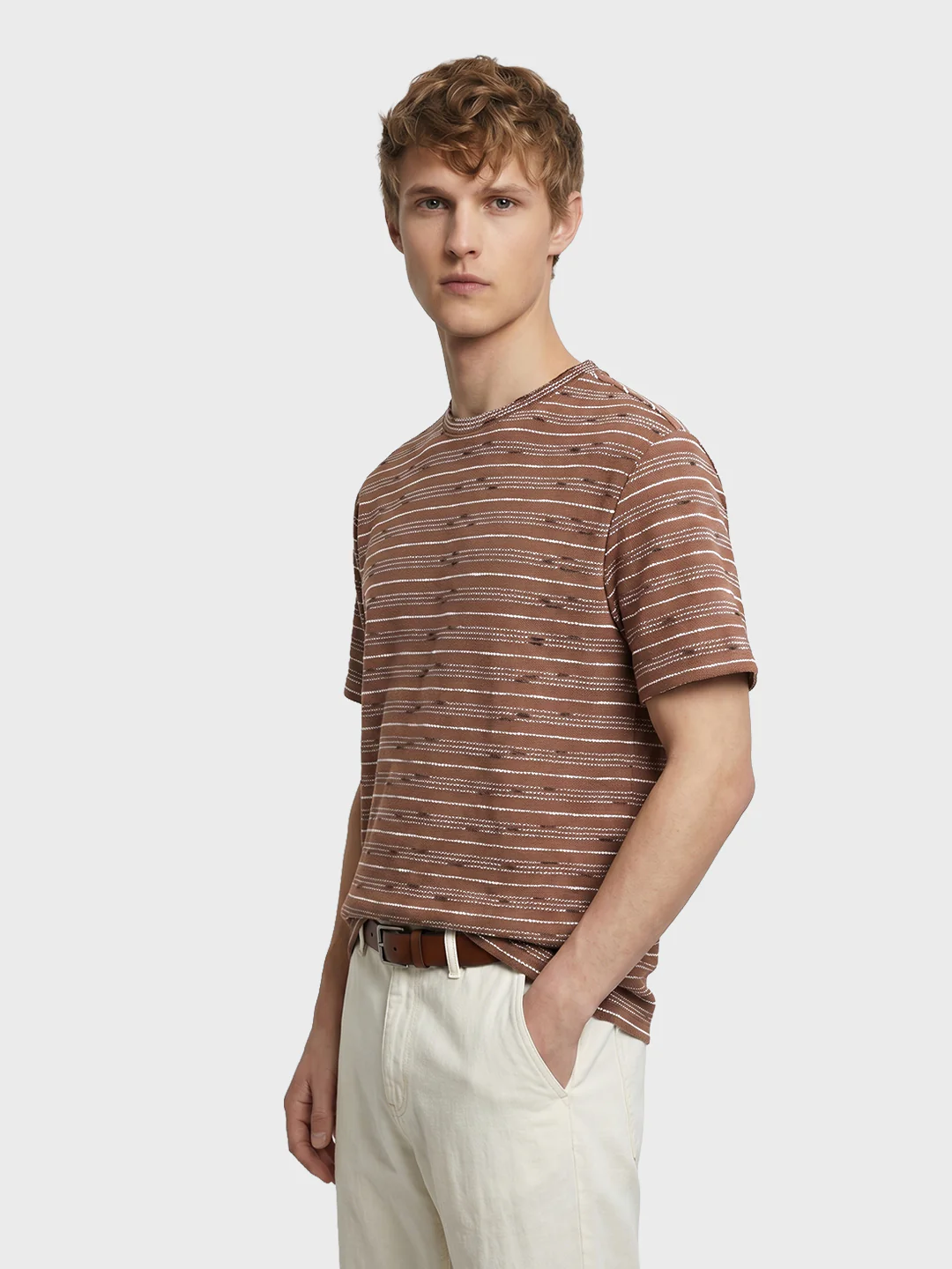 Men's Brown Relaxed Fit Striped Resort Wear T-Shirt - Image 4