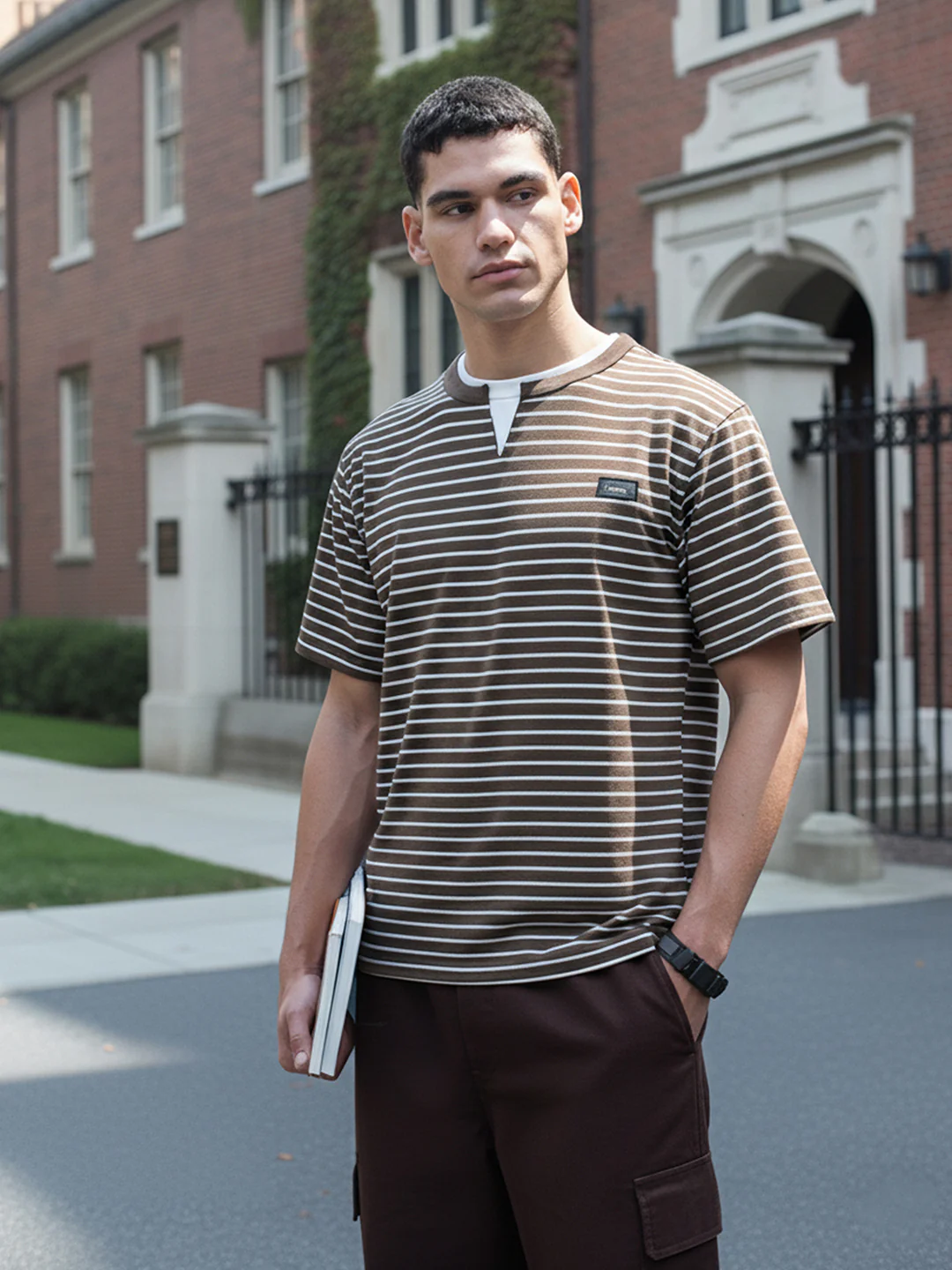 Men's Brown Relaxed Fit Striped 240 GSM Street Wear T-Shirt