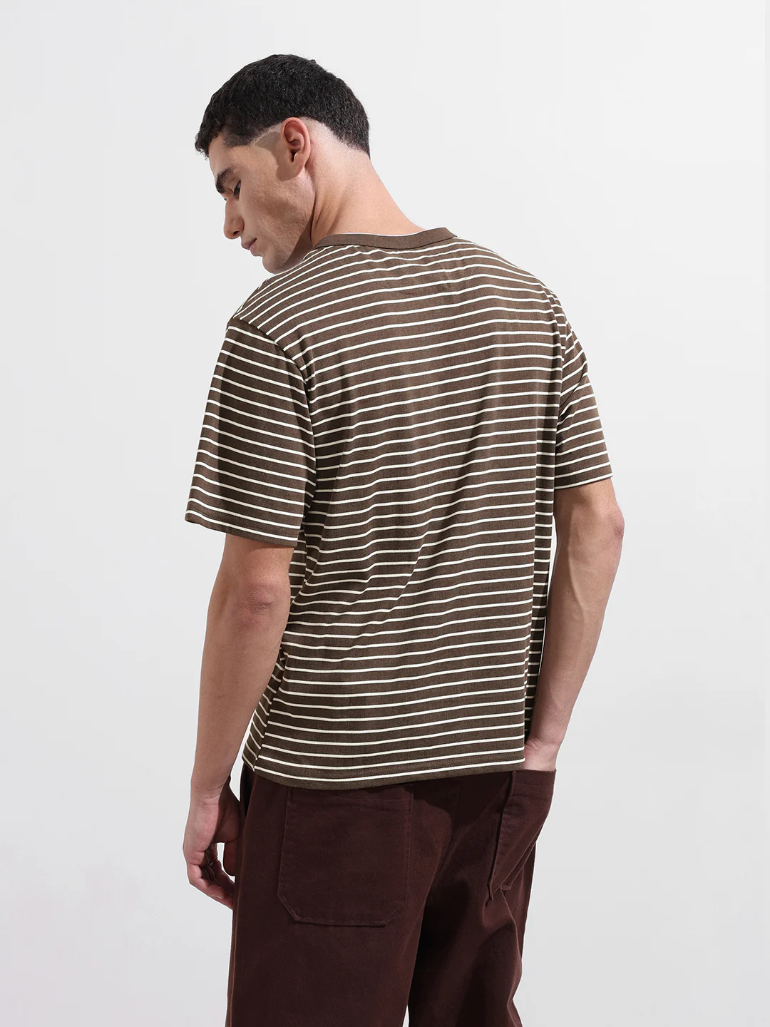 Men's Brown Relaxed Fit Striped 240 GSM Street Wear T-Shirt - Image 6