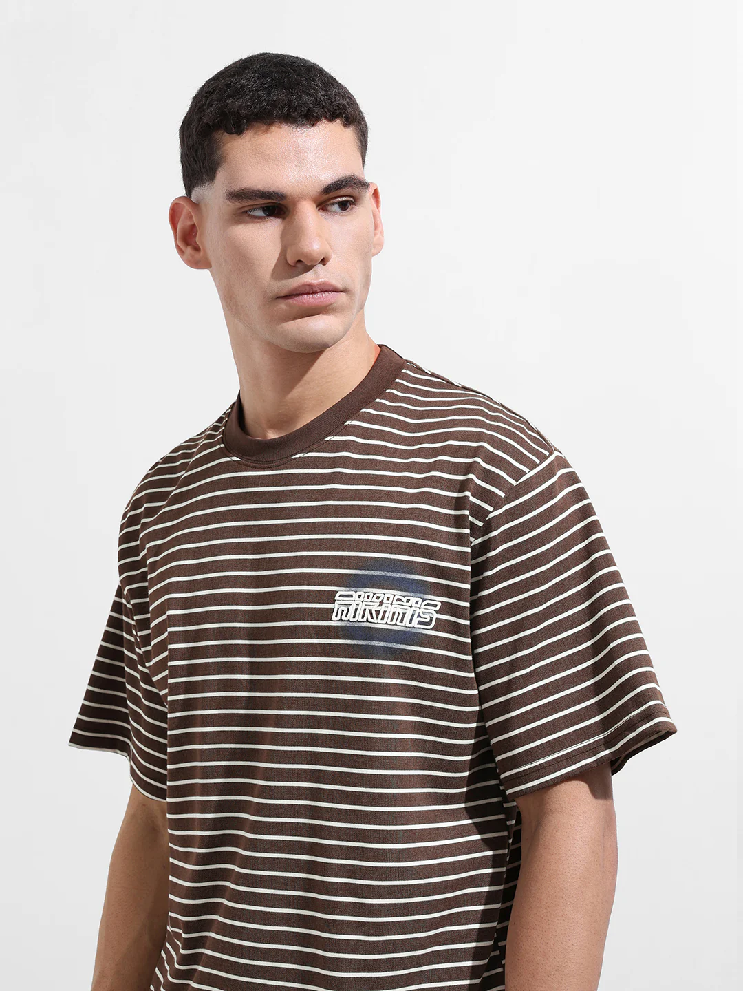 Men's Brown Relaxed Fit Striped 240 GSM Street Wear T-Shirt - Image 2