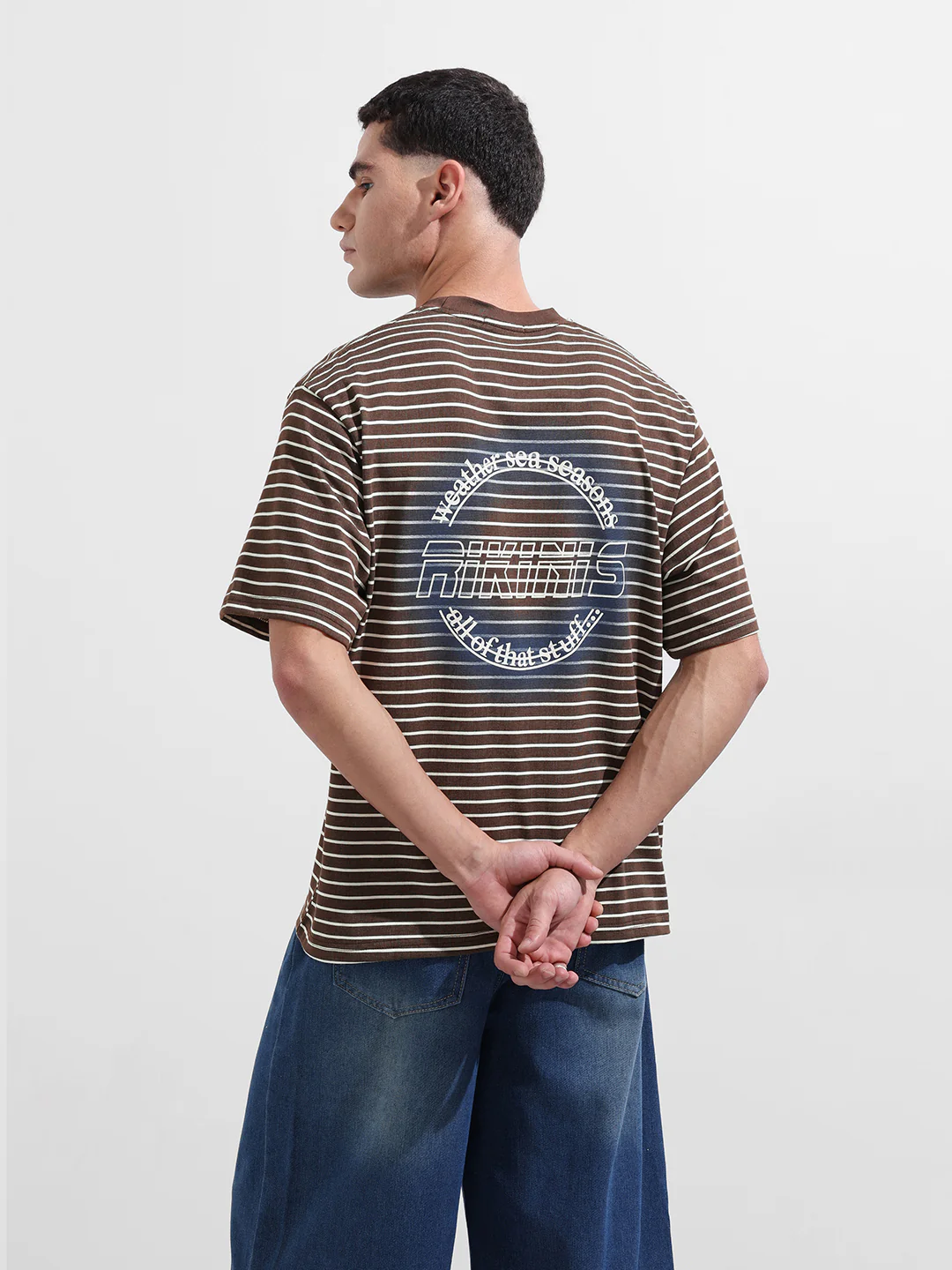Men's Brown Relaxed Fit Striped 240 GSM Street Wear T-Shirt - Image 3