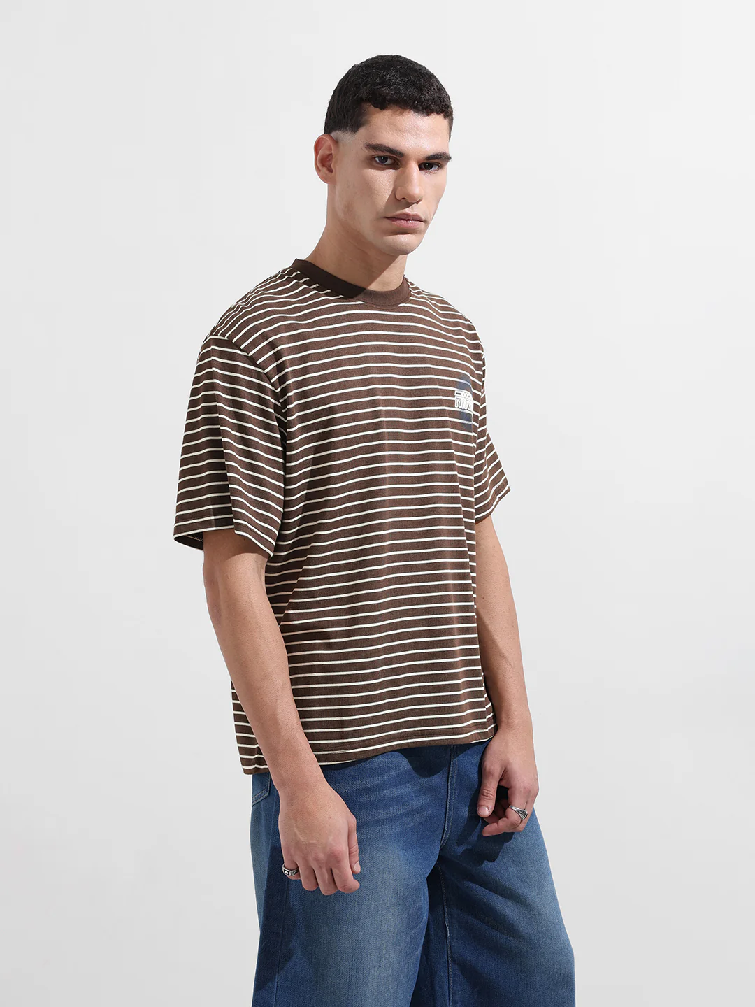 Men's Brown Relaxed Fit Striped 240 GSM Street Wear T-Shirt - Image 7
