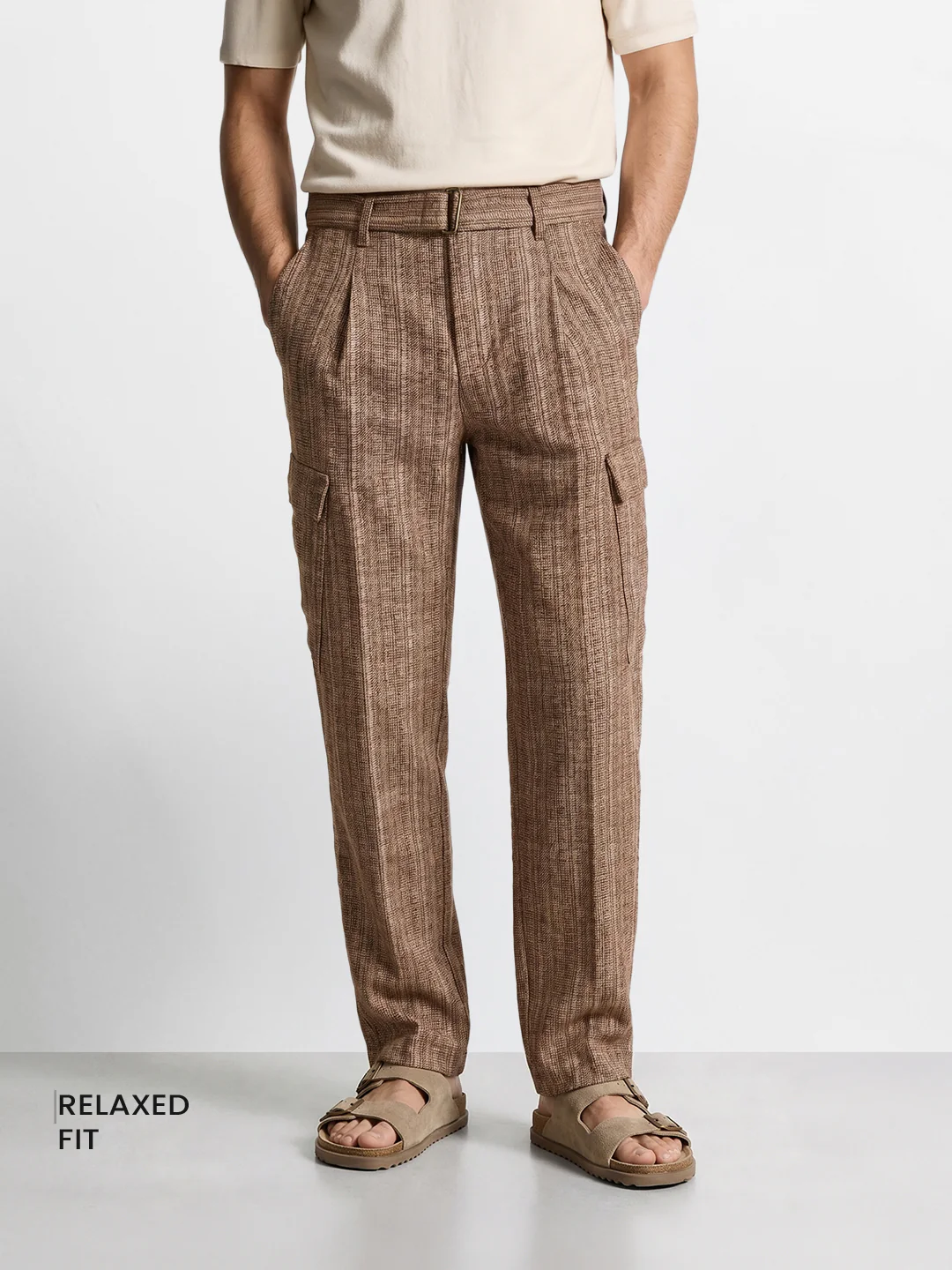Men's Brown Relaxed Fit Solid Casual Cargo - Image 2