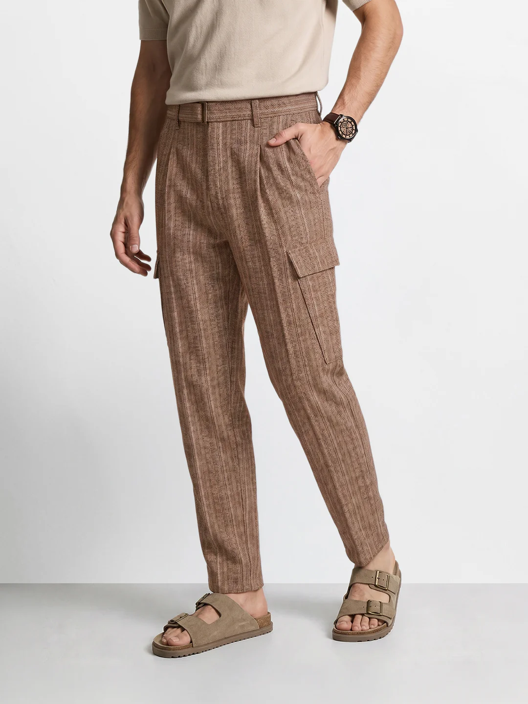 Men's Brown Relaxed Fit Solid Casual Cargo - Image 4