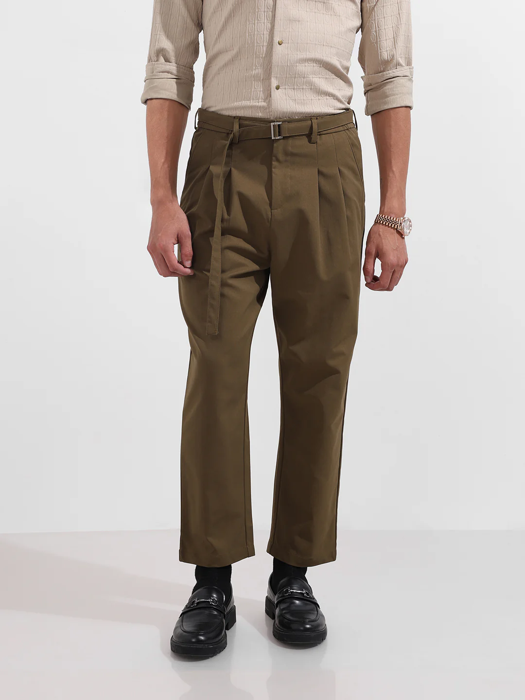 Men's Brown Relaxed Fit Textured Utility Trousers