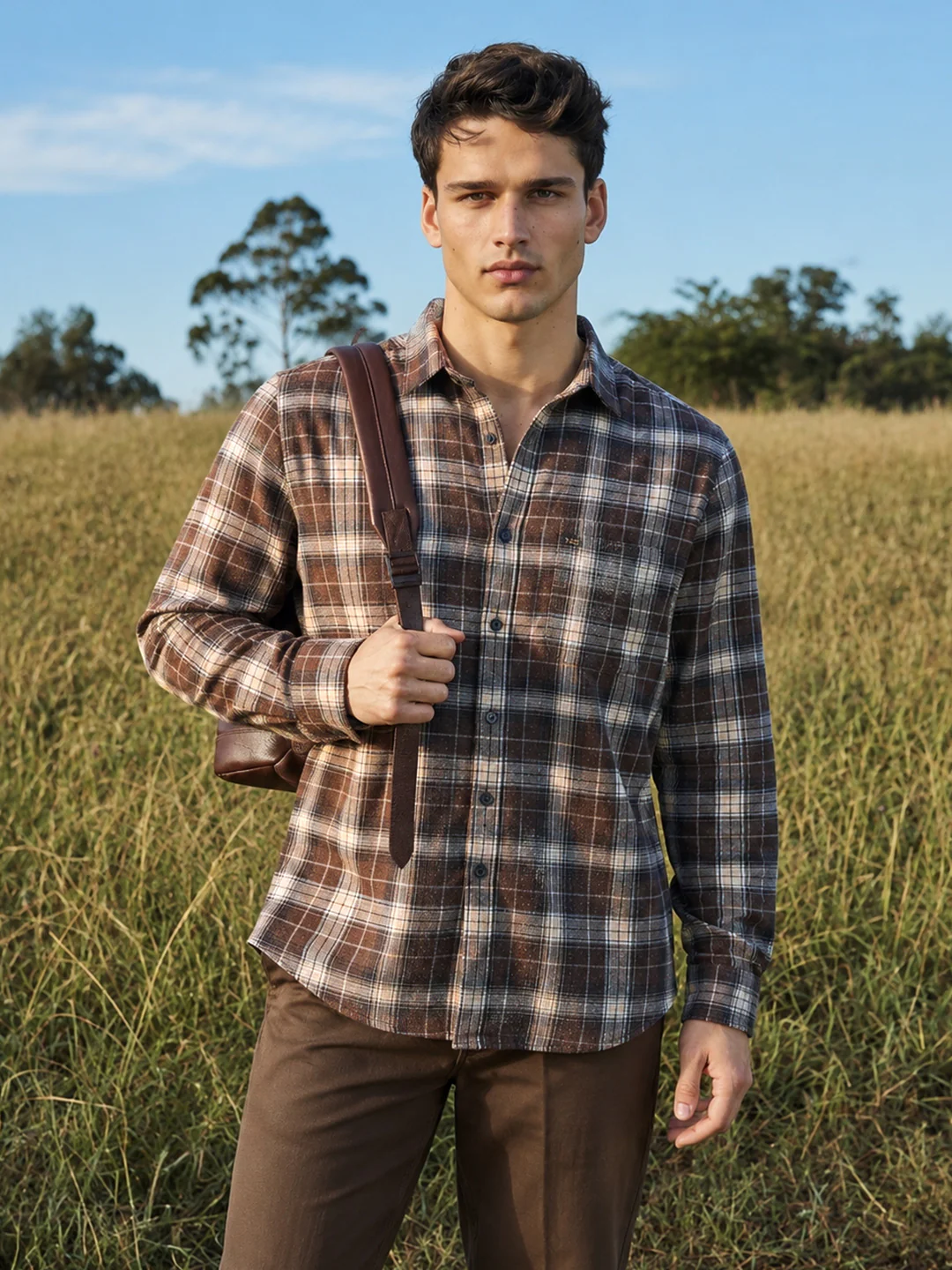 Men's Brown Slim Fit Checkered Casual Shirt