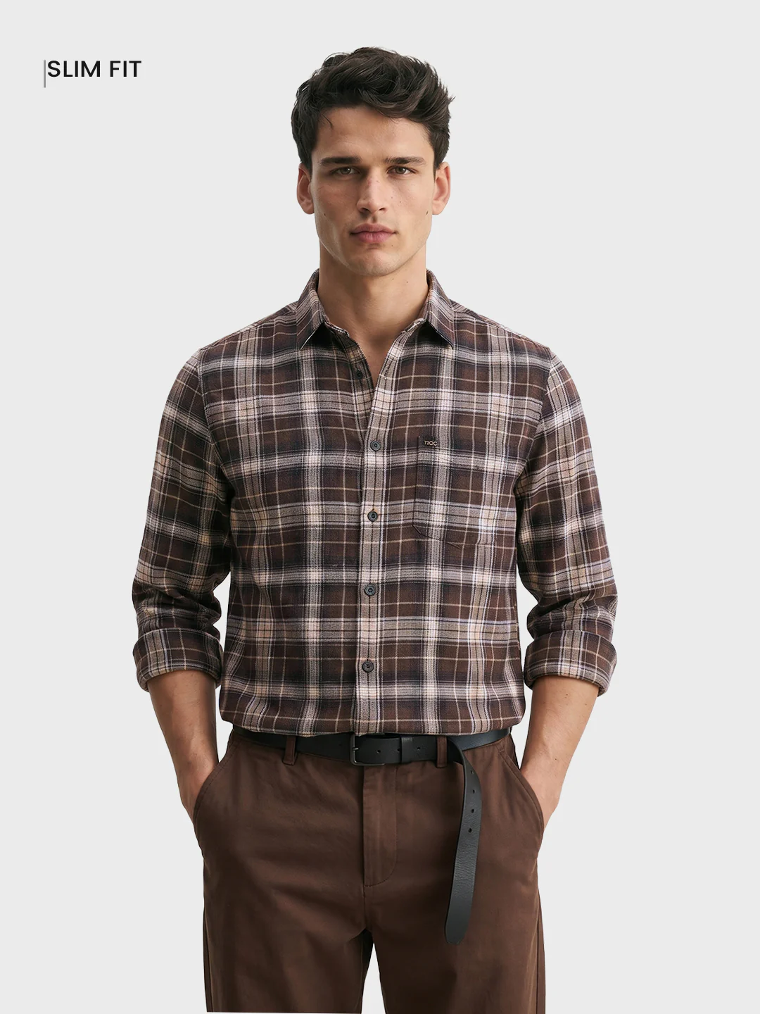 Men's Brown Slim Fit Checkered Casual Shirt - Image 2