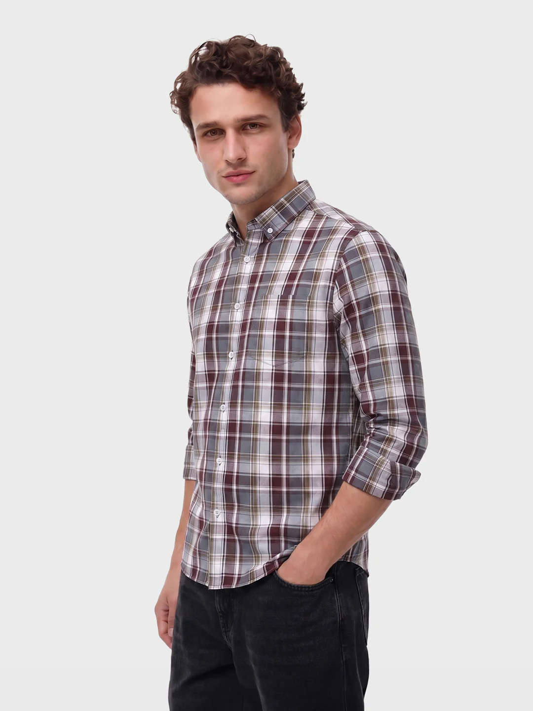 Men's Brown Slim Fit Checkered Casual Shirt - Image 4