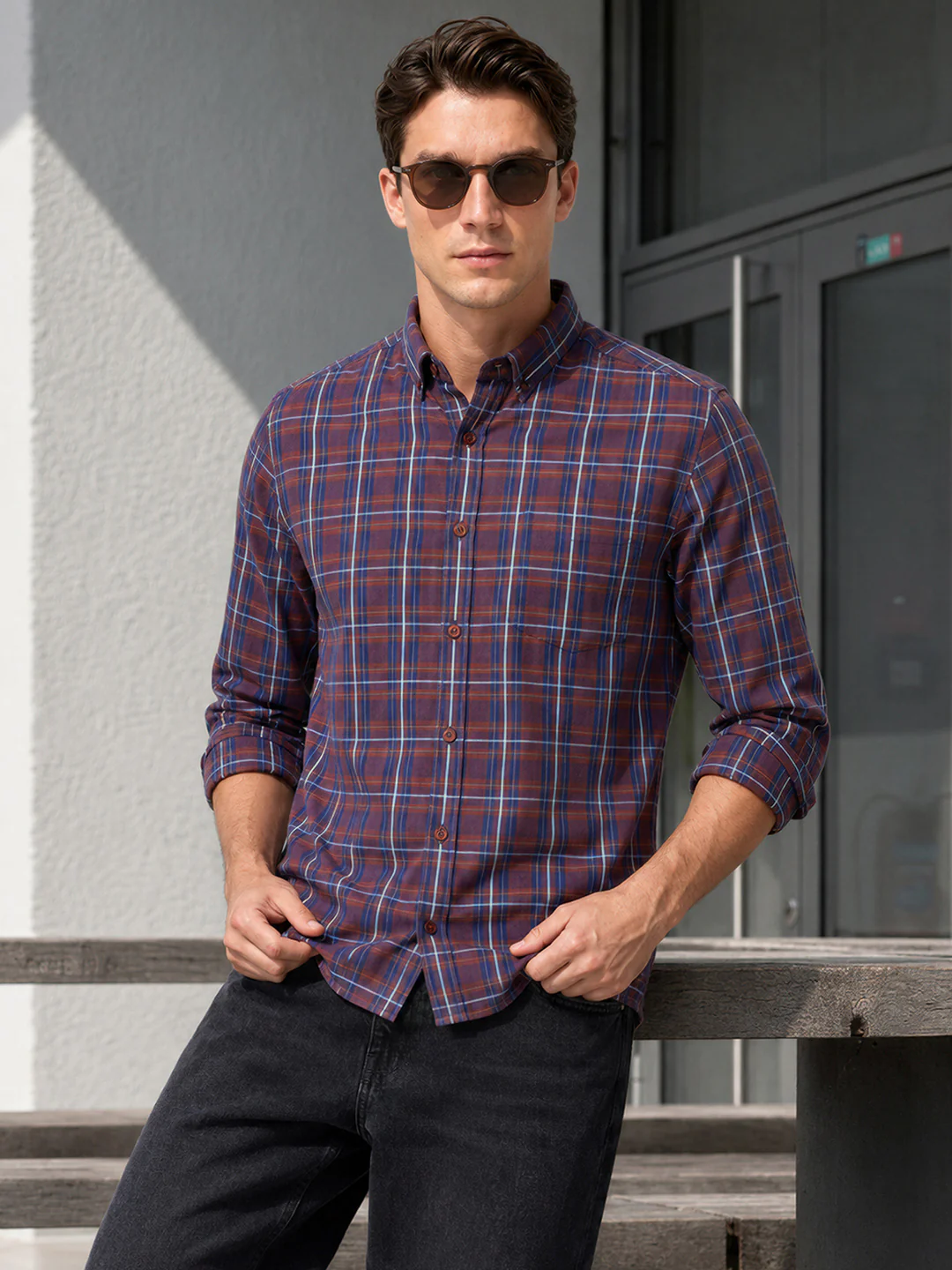 Men's Brown Slim Fit Checkered Casual Shirt
