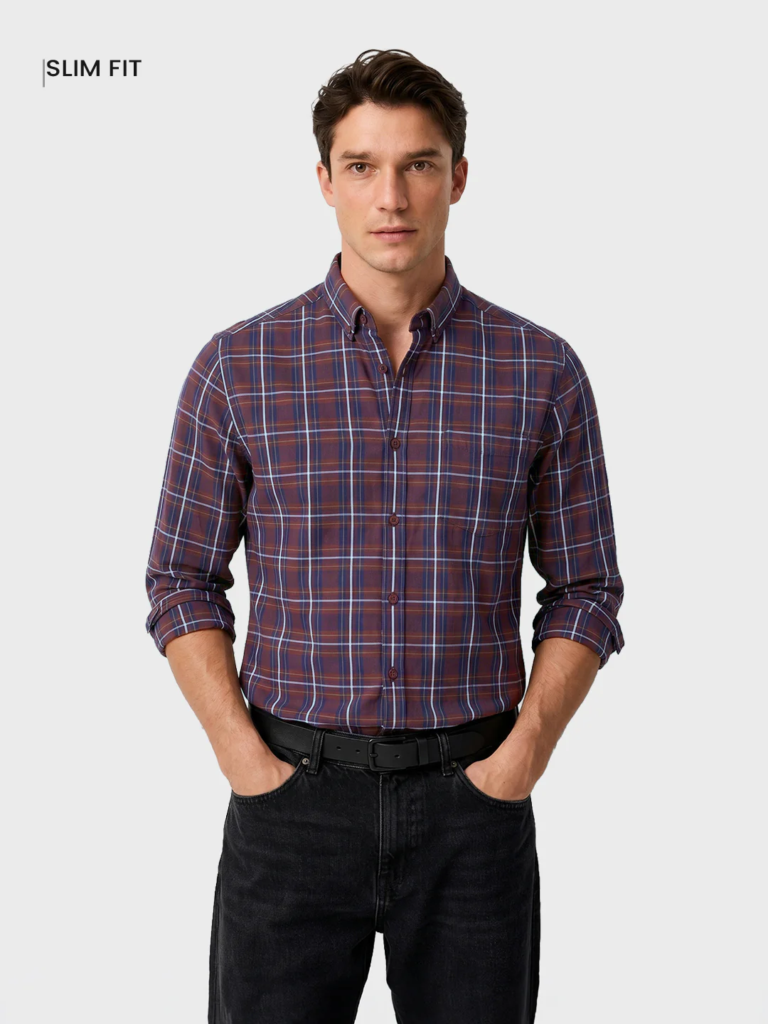 Men's Brown Slim Fit Checkered Casual Shirt - Image 2